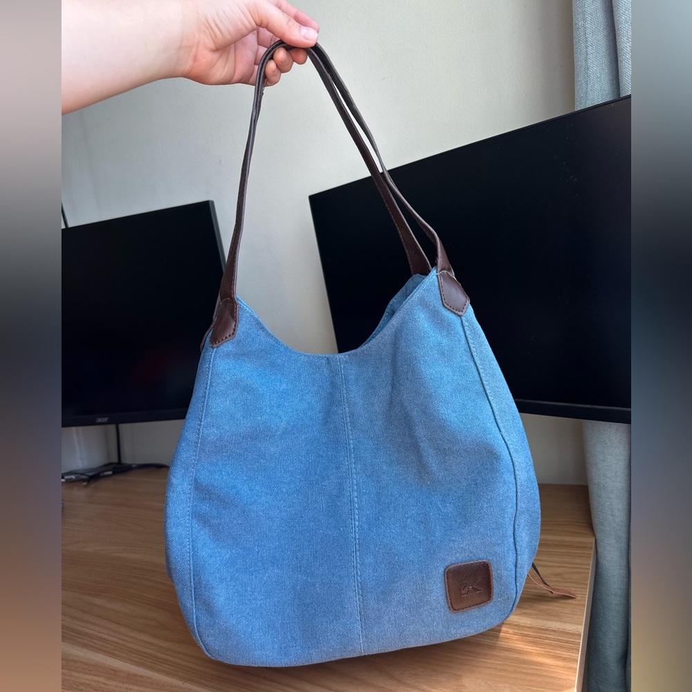 Blue Canvas Shoulder Bag with Brown Trim